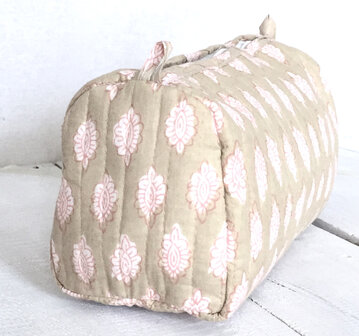  ALLE. MATEN UITVERKOCHT-toilettas blockprint soft  -khaki/roze 