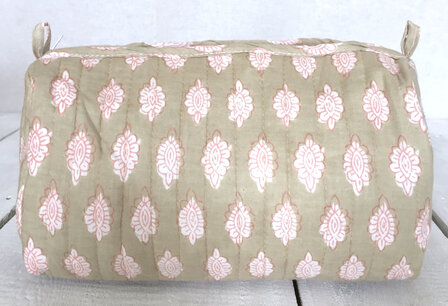  ALLE. MATEN UITVERKOCHT-toilettas blockprint soft  -khaki/roze 