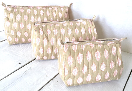 toilettas blockprint soft  in 3 maten -khaki/roze maat M