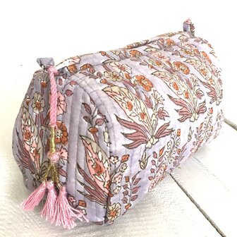 toilettas blockprint met kwastjes in 3 maten - lavendel blauw/roze maat M 