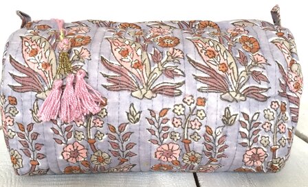 toilettas blockprint met kwastjes in 3 maten - lavendel blauw/roze maat M 