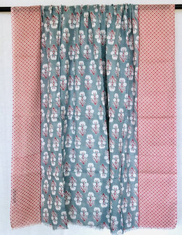 pareo/sarong/sjaal voilekatoen met hand-blockprint 2 petrol/ rozerood