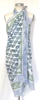 pareo/sarong/sjaal voilekatoen met hand-blockprint 10- groen/blauw