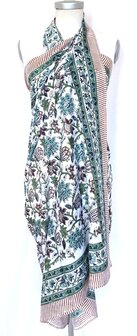 pareo/sarong/sjaal voilekatoen met hand-blockprint 11- petrol/bruin