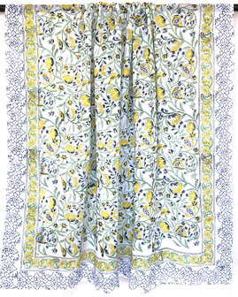 pareo/sarong/sjaal voilekatoen met hand-blockprint 14- citroengeel/blauw