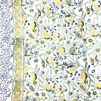 pareo/sarong/sjaal voilekatoen met hand-blockprint 14- citroengeel/blauw