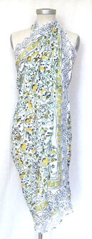 pareo/sarong/sjaal voilekatoen met hand-blockprint 14- citroengeel/blauw