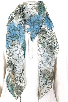 sjaal chiffon viscose met print 10- blue/green flowers