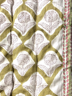 deken quilt tweepersoons reversible blockprint 8- khaki-rood/roze-groen