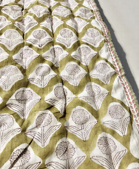 deken quilt tweepersoons reversible blockprint 8- khaki-rood/roze-groen