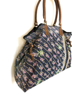 tas shopper XL vintage quilt 8- zwart/roze/geel