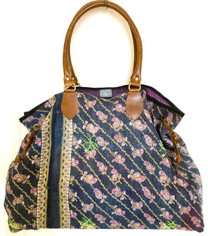 tas shopper XL vintage quilt 8- zwart/roze/geel