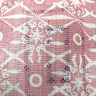  VERKOCHT- quilt kantha vintage katoen 2- roze/lichtblauw