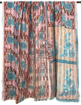  VERKOCHT- quilt kantha vintage katoen 3- roze/turquoise/bruin