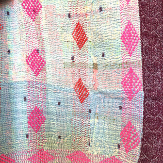 VERKOCHT-  quilt kantha vintage katoen 4-  paars/oranje/turquoise