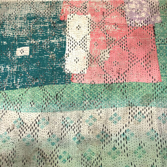  VERKOCHT- quilt kantha vintage katoen 1-  XL groen/zwart/roze