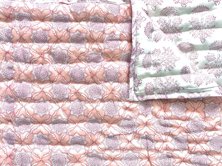 deken quilt eenpersoons reversible blockprint 1-koraalroze/framboos