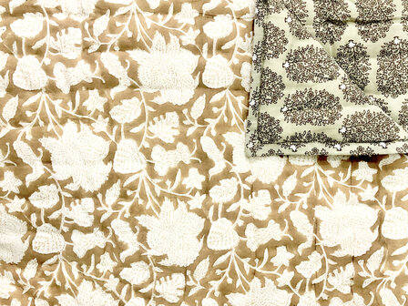 SORRY- al weer UITVERKOCHT- deken quilt eenpersoons reversible blockprint 4- khaki-wit/cappuccino