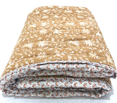 deken quilt eenpersoons reversible blockprint 5- terracotta/bruin-blauw
