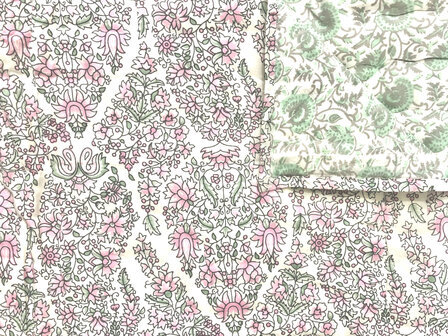 SORRY< AL WEER UITVERKOCHT- deken quilt eenpersoons reversible blockprint 6- pastel mintgroen/roze