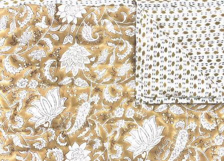 deken quilt eenpersoons reversible blockprint 7- caramel/mini lotus bruin