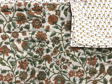 deken quilt eenpersoons reversible blockprint 8- vogel warm grijs-groen/mini lotus bruin