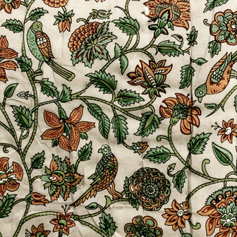 deken quilt eenpersoons reversible blockprint 8- vogel warm grijs-groen/mini lotus bruin