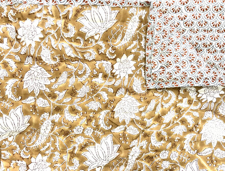 deken quilt eenpersoons reversible blockprint 10- caramel/blauw-bruin