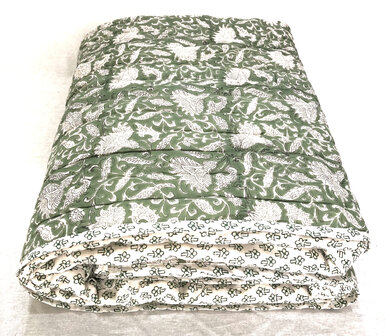 deken quilt eenpersoons reversible blockprint 14- zeegroen/d.groen