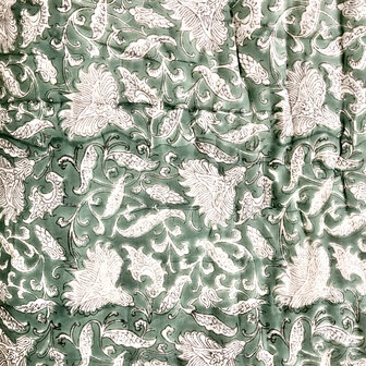 deken quilt eenpersoons reversible blockprint 14- zeegroen/d.groen