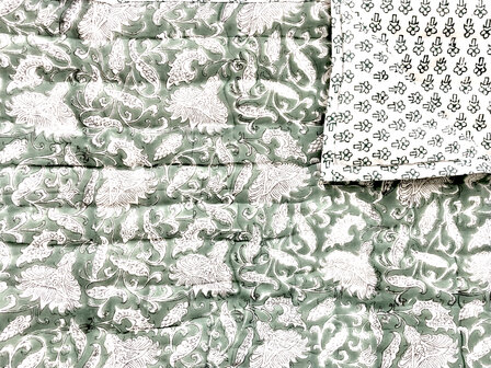 deken quilt eenpersoons reversible blockprint 14- zeegroen/d.groen