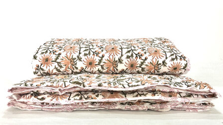deken quilt eenpersoons reversible blockprint 15- oud roze-d.groen/framboos