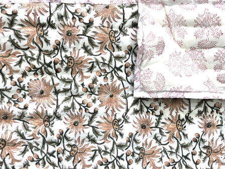 deken quilt eenpersoons reversible blockprint 15- oud roze-d.groen/framboos