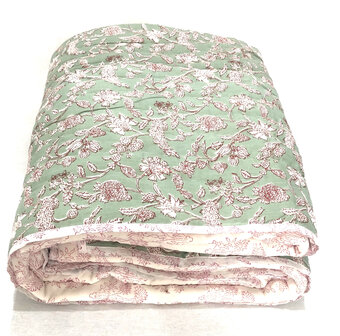 deken quilt tweepersoons reversible blockprint 2- oud groen/framboos