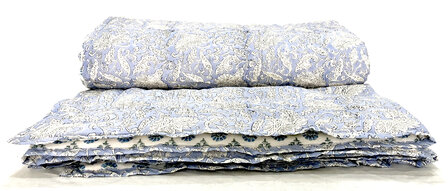 deken quilt tweepersoons reversible blockprint 9- sky blue/aqua-groen