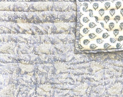 deken quilt tweepersoons reversible blockprint 9- sky blue/aqua-groen