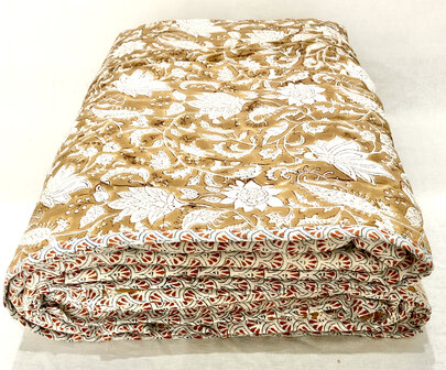 UITVERKOCHT- deken quilt tweepersoons reversible blockprint 10- caramel/blauw-bruin