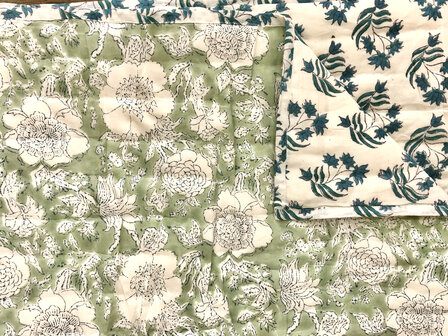 deken quilt eenpersoons reversible blockprint 11- licht bladgroen/petrol