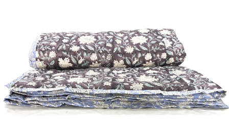 SORRY,  AL WEER UITVERKOCHT- deken quilt tweepersoons reversible blockprint 12- oud paars/sky blue