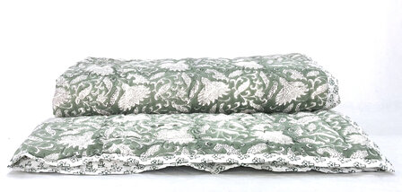 deken quilt eenpersoons reversible blockprint 14- zeegroen/d.groen