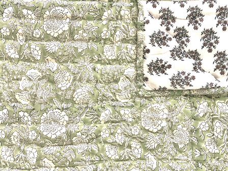 deken quilt eenpersoons reversible blockprint 3- licht bladgroen/d.groen-bruin