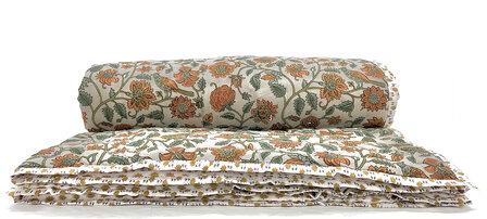 deken quilt eenpersoons reversible blockprint 8- vogel warm grijs-groen/mini lotus bruin