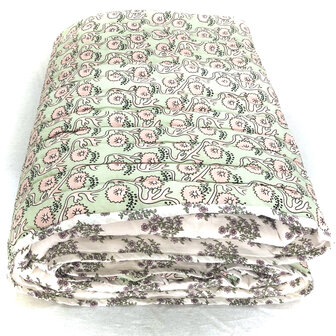 deken quilt tweepersoons reversible blockprint 13- oud roze-mint/roze-l.groen