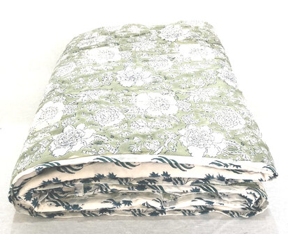 deken quilt eenpersoons reversible blockprint 11- licht bladgroen/petrol