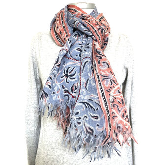 sjaal merino wol geborduurd 3- blauw/roze