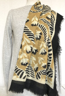  sjaal merino wol print large 4- beige/zwart