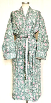  ochtendjas/kimono quilted katoen 3 -petrol/roze