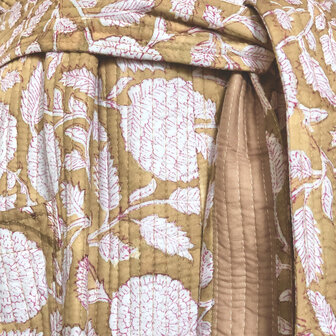  ochtendjas/kimono quilted katoen 8- khaki-bruin/roze