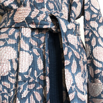  ochtendjas/kimono quilted katoen 10- petrol/framboosrood