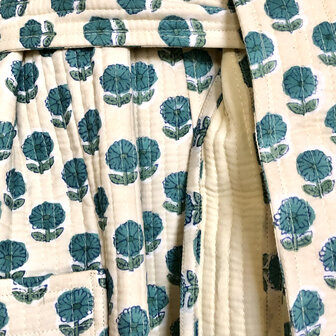  ochtendjas/kimono quilted katoen  16- creme-wit/donker turquoise
